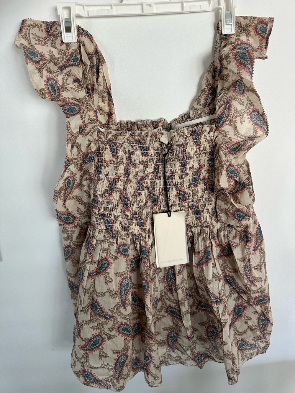 Elan Beige Paisley Smocked Ruffle Strap Cami Cotton Top Medium